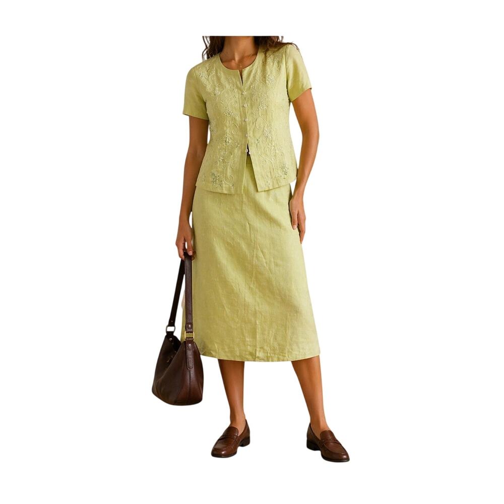 Vintage 2000s Plaza Collection Green Linen Cotton Skirt Suit Set Size 18